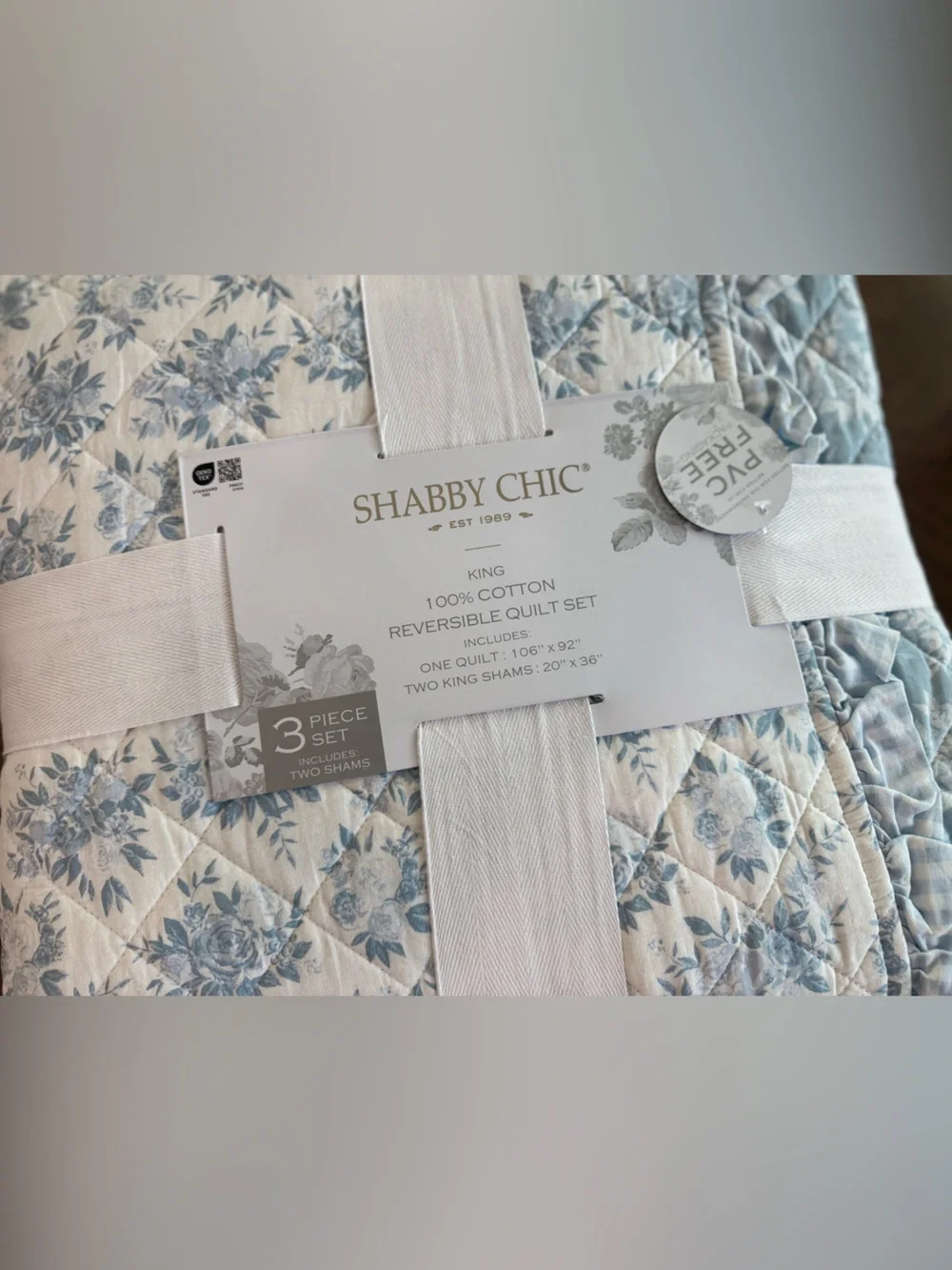 Shabby Chic Light Blue Floral Reversible Quilt Set